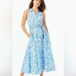 Lily Pulitzer Crisella stretch shirtdress light blue & white sz 16